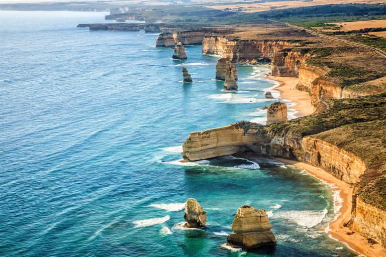 Aerial view Twelve Apostles, Port Campbell National Park at sunset