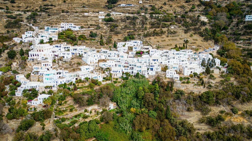 An aerial view of a village in the mountains