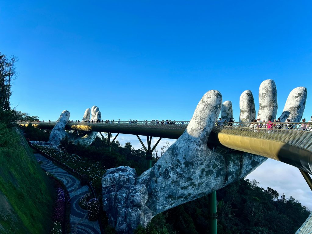 A bridge that has a bunch of rocks on it