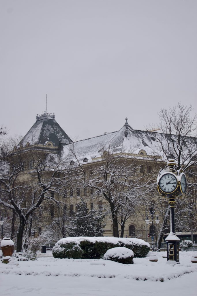 A building with snow-covered trees and a clock.