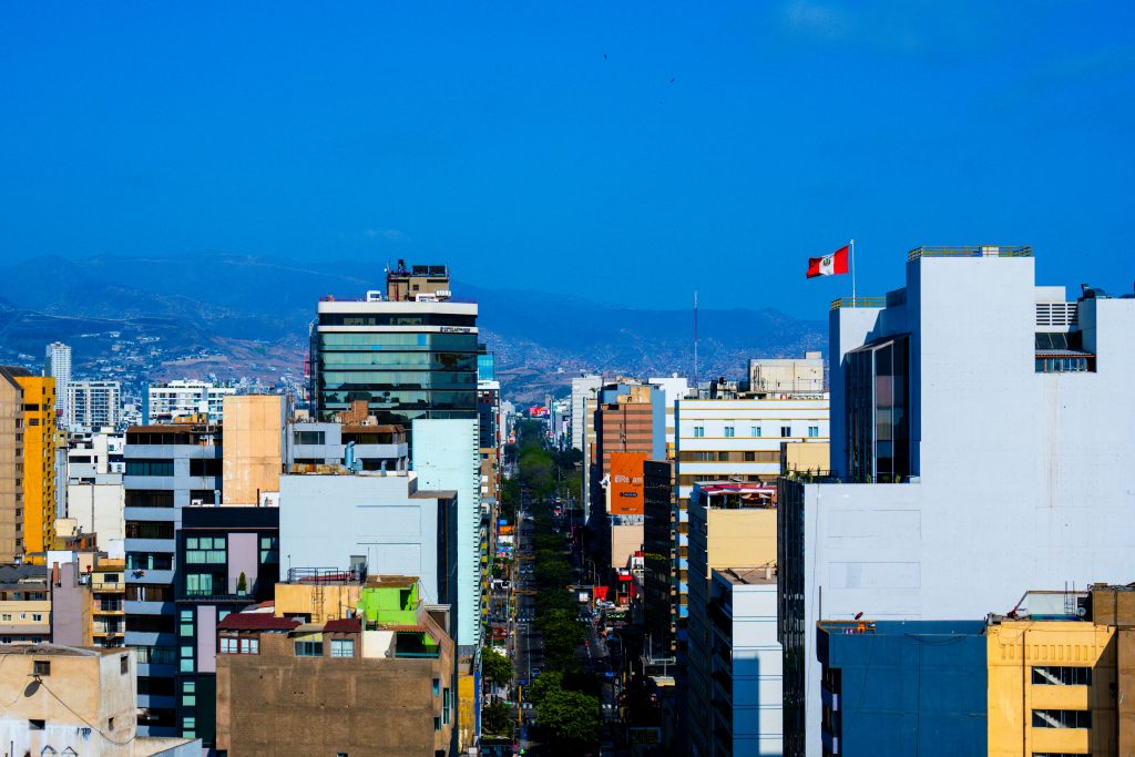 A view of a city with tall buildings