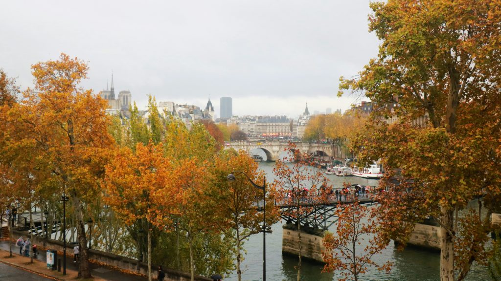 A view of a river with a bridge in the background