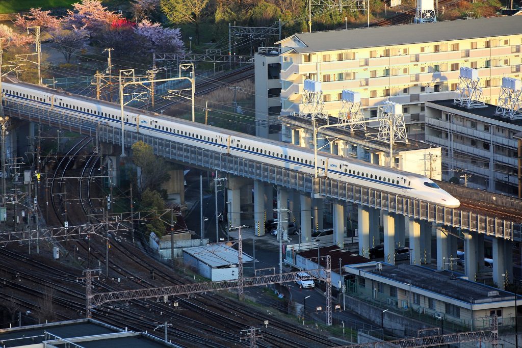 A shinkansen passing Mount Fuji