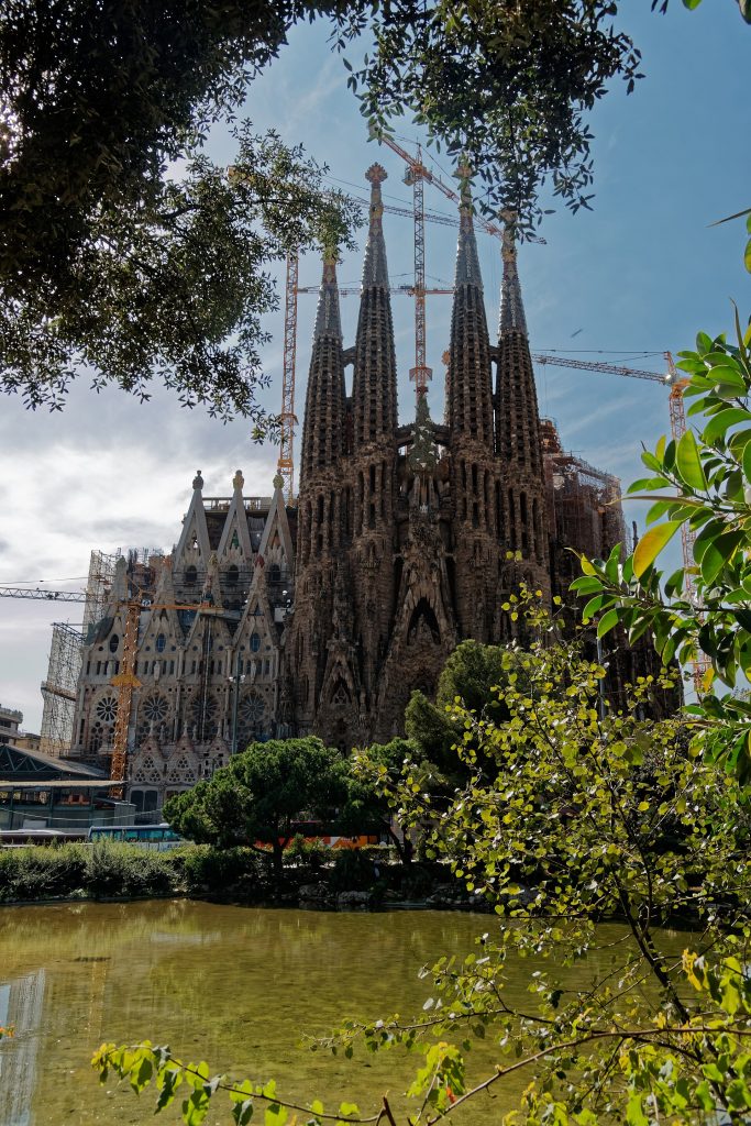 The Sagrada Familia basilica seen from Placa de Gaudi