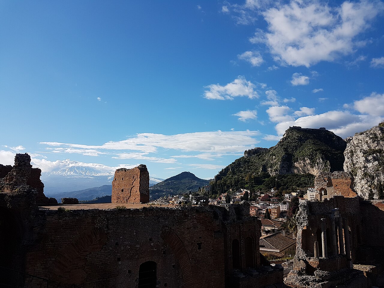 Taormina's ancient theatre with Mount Etna