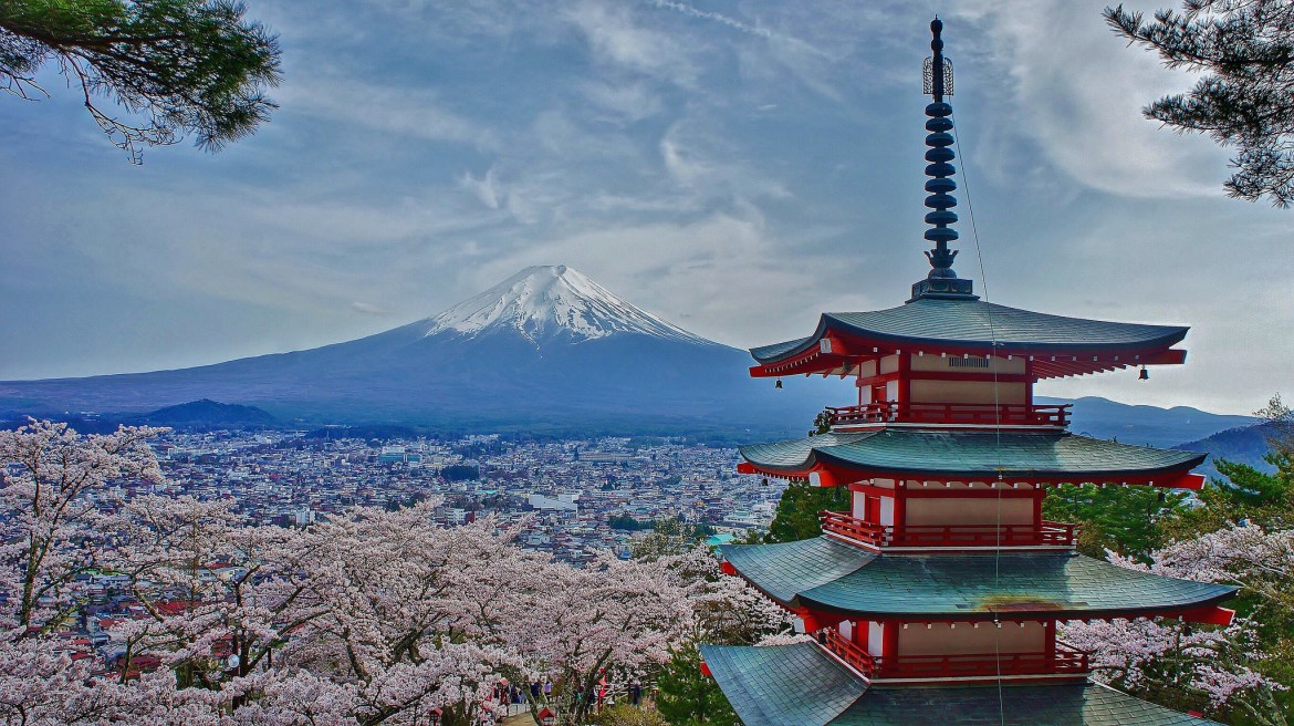 The Chureito Pagoda and Mount Fuji in spring