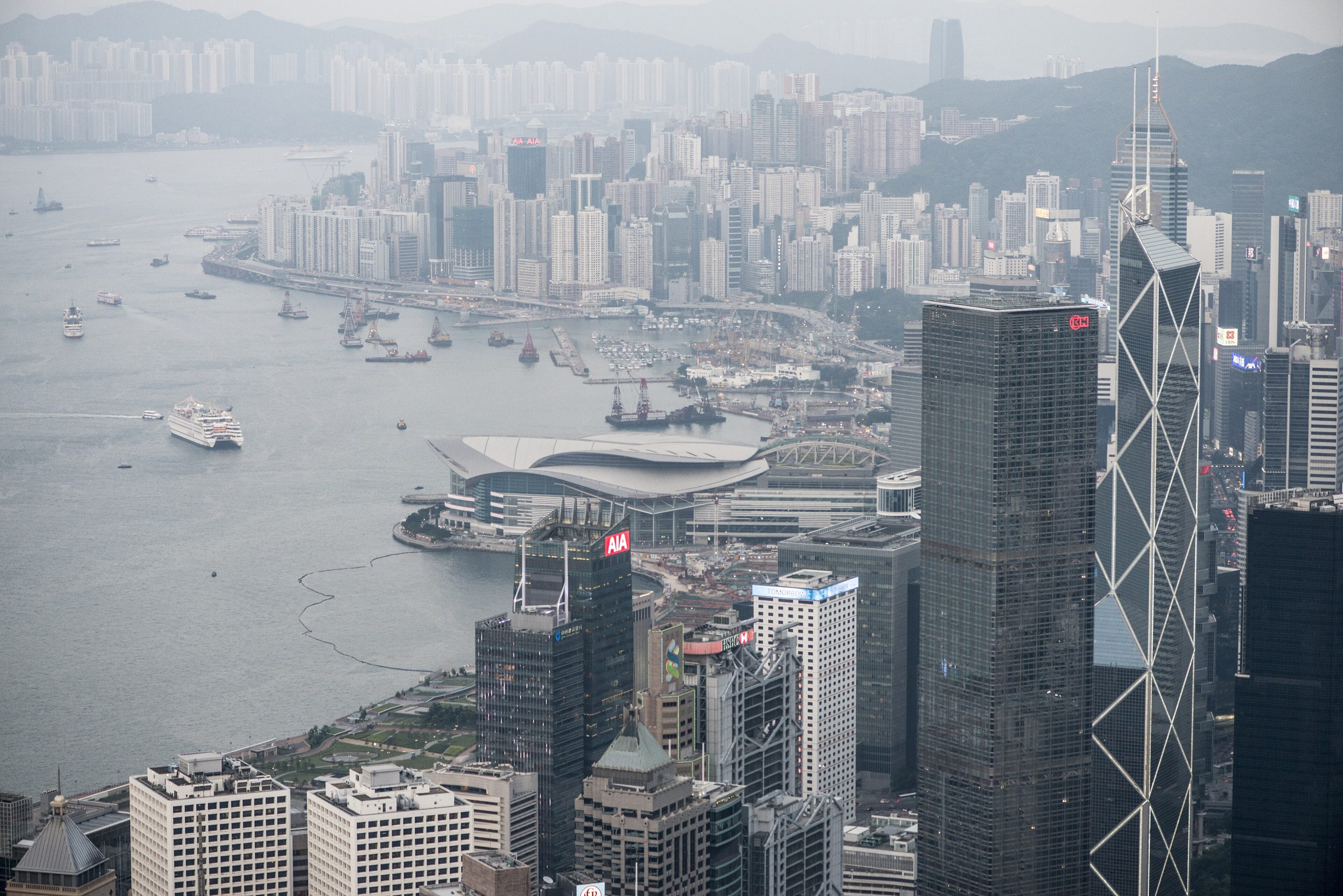 The Hong Kong skyline and Victoria Harbour seen from Victoria Peak