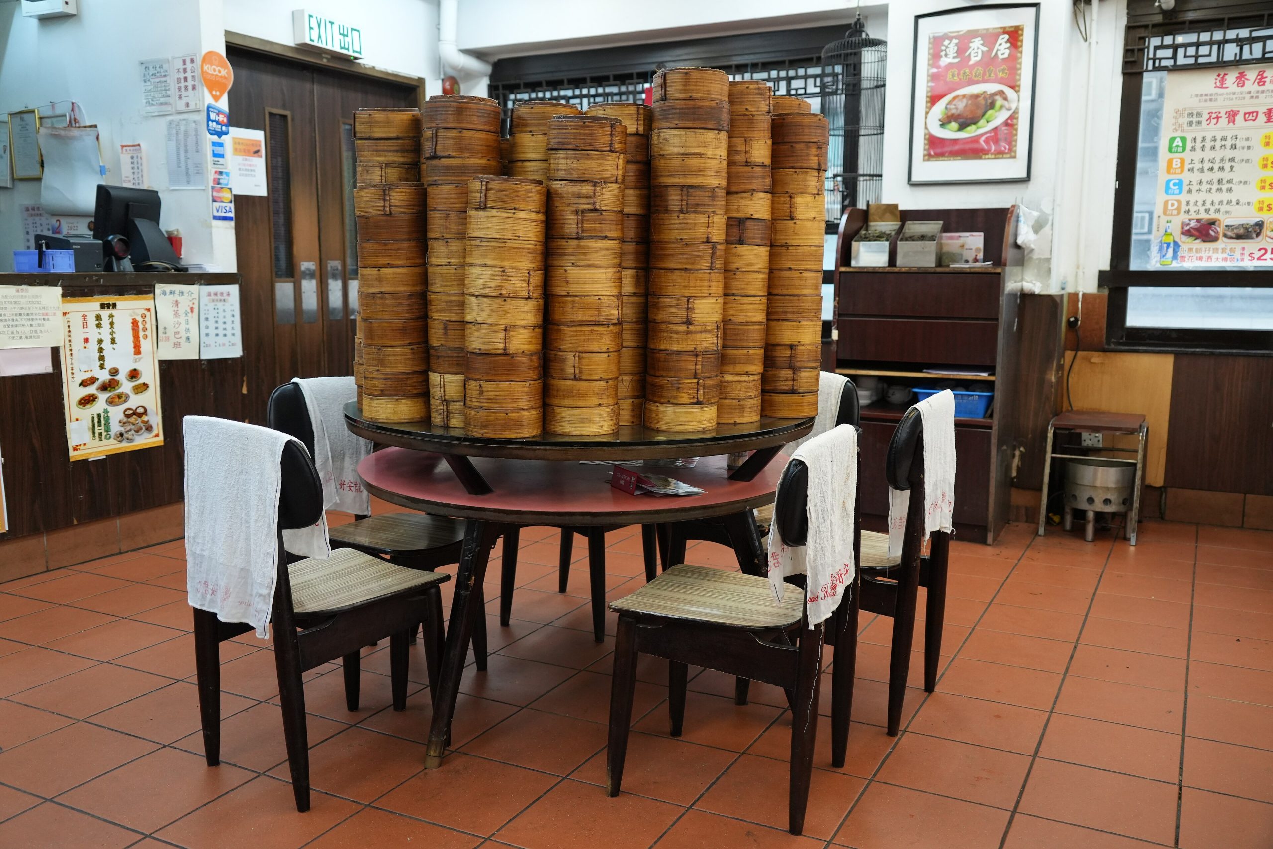 Bamboo steamers of dim sum at a traditional Hong Kong teahouse