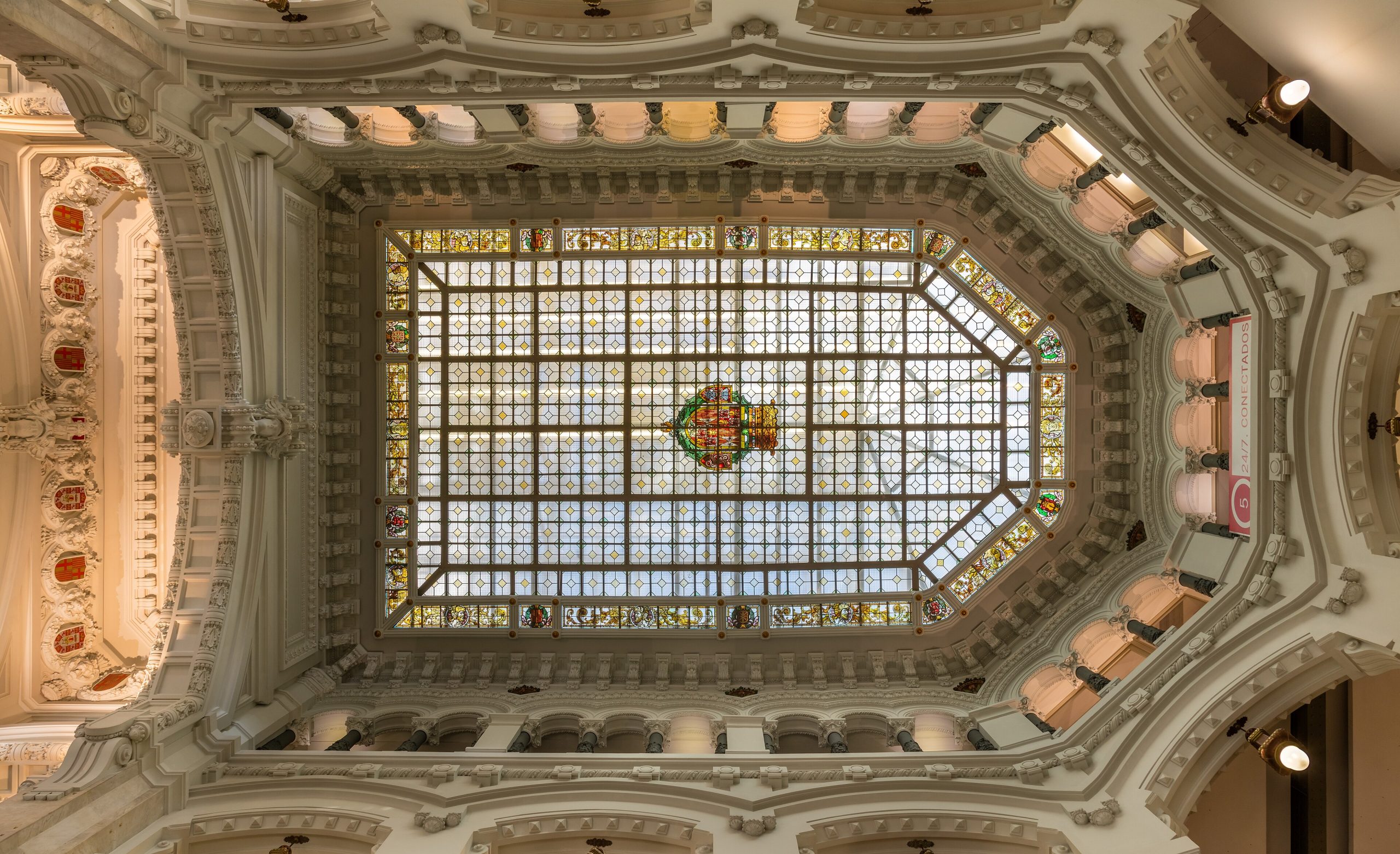 Ornate stained-glass architecture in central Madrid